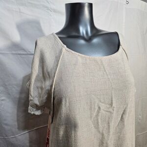 Umgee Womens Medium Cream and Pink Midi Dress Linen Cotton Blend Pockets